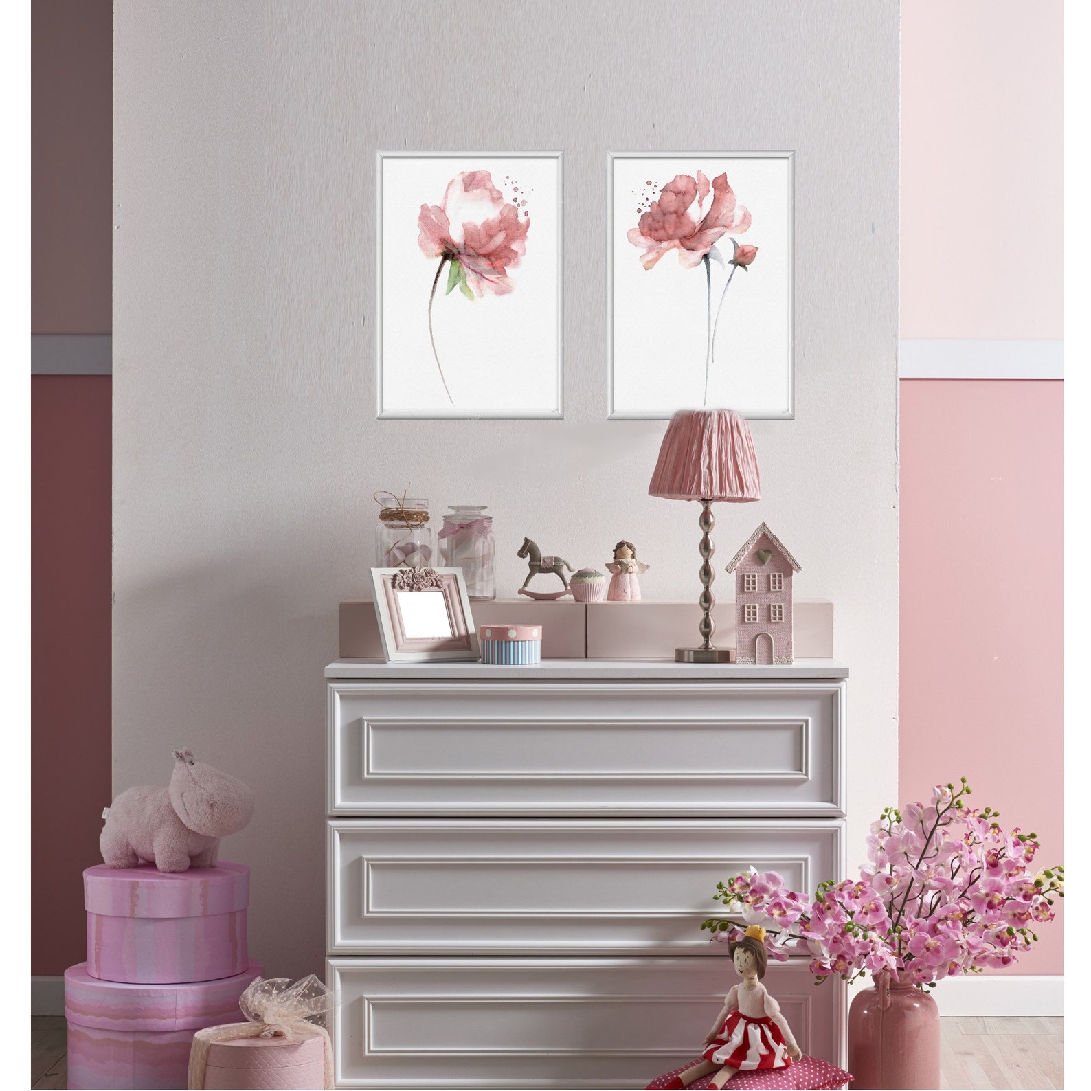 Peony Set 2 Watercolor Painting Pink Floral Illustration Kids Room ...