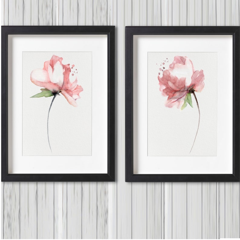 Peonies Pink Coral Watercolor Painting Set 2, Shabby Chic Flower Print, Peony Flowers, Abstract Flower Poster Minimalist Art Nursery Decor image 5