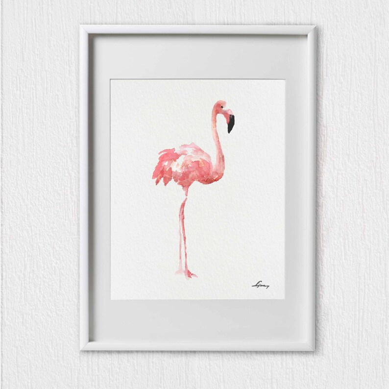 May include: A watercolor painting of a pink flamingo standing on one leg against a white background.
