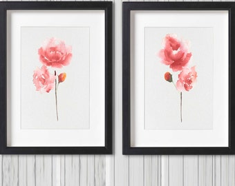 Pink Rose Peony Watercolor Set 2 Prints Two Flowers Painting Floral Botanical Poster Living Room Wall Art Minimalist Art Bedroom Wall Art