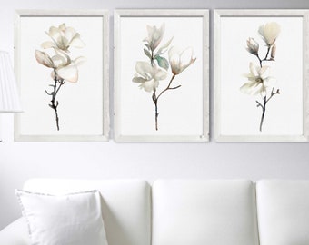 Magnolia Print Set of 3 White Flower Watercolor Painting Floral Illustration Botanical Print Minimalist Art Living Room Wall Art Decor