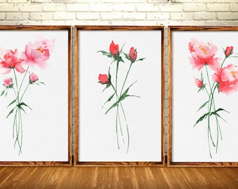 Juego de 3 acuarelas de peonía, estampados de flores rosas, decoración de pared para el hogar, arte minimalista, estampado botánico, decoración para sala de estar, flor abstracta