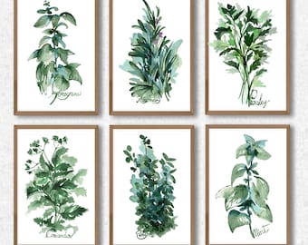 Juego de 6 impresiones de hierbas, decoración de granja, decoración de pared de cocina, impresión botánica, especias de cocina, romero, orégano, menta, tomillo, pintura de acuarela