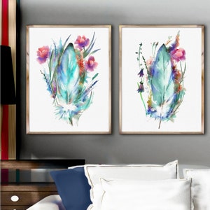 Set of 2 Navy Wildflowers Painting, Bouquet Floral Prints, Flower Watercolor Prints, Boho Art, Minimalist Art, Living Room Wall Art
