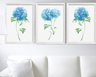 Blue Hydrangea Set 3 Watercolor Prints, Flower Painting, Abstract Floral Illustration, Minimalist Art, Living Room Decor, Large Prints