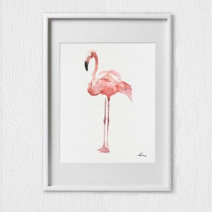 May include: A watercolor painting of a pink flamingo standing on one leg against a white background. The flamingo is depicted in a simple, elegant style, with delicate brushstrokes.