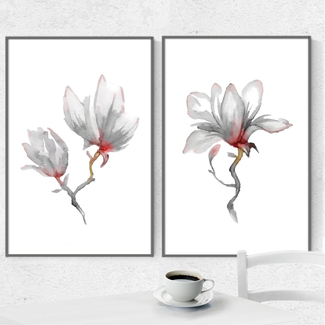 Magnolia Set 2 Watercolor Painting White Flower Wall Art Prints ...