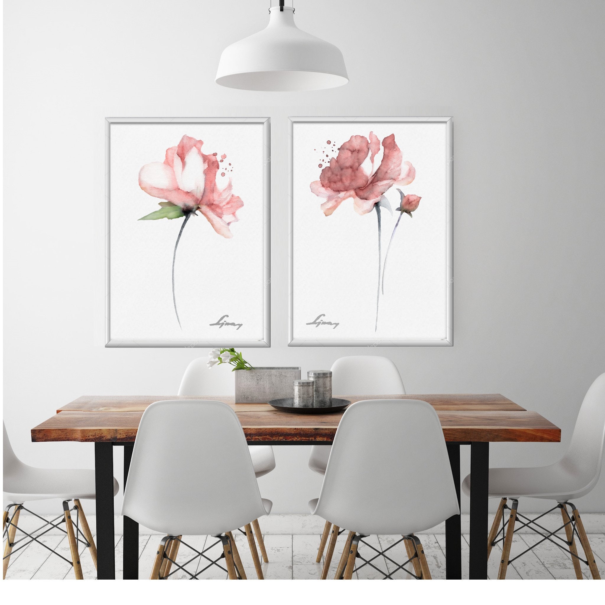 Set 2 Peony Watercolor Prints Pink Coral Flowers Painting | Etsy