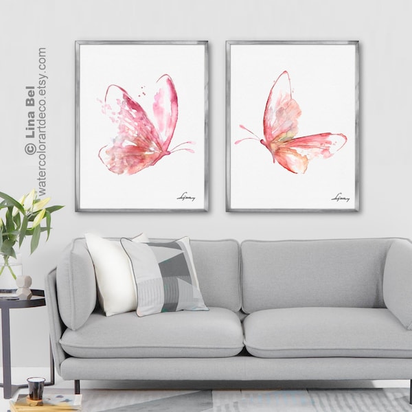 Ensemble de 2 peintures aquarelle papillon, impression papillon rose, décoration d'art mural maison, art minimaliste, décoration de salon, ensemble d'oeuvres d'art en gros caractères