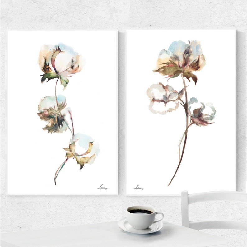 Cotton Watercolor Painting, Plant Prints Set 2, Boho Wall Art, Farmhouse Wall Decor, Minimalist Botanical Art, Dining Living Room Decor image 1