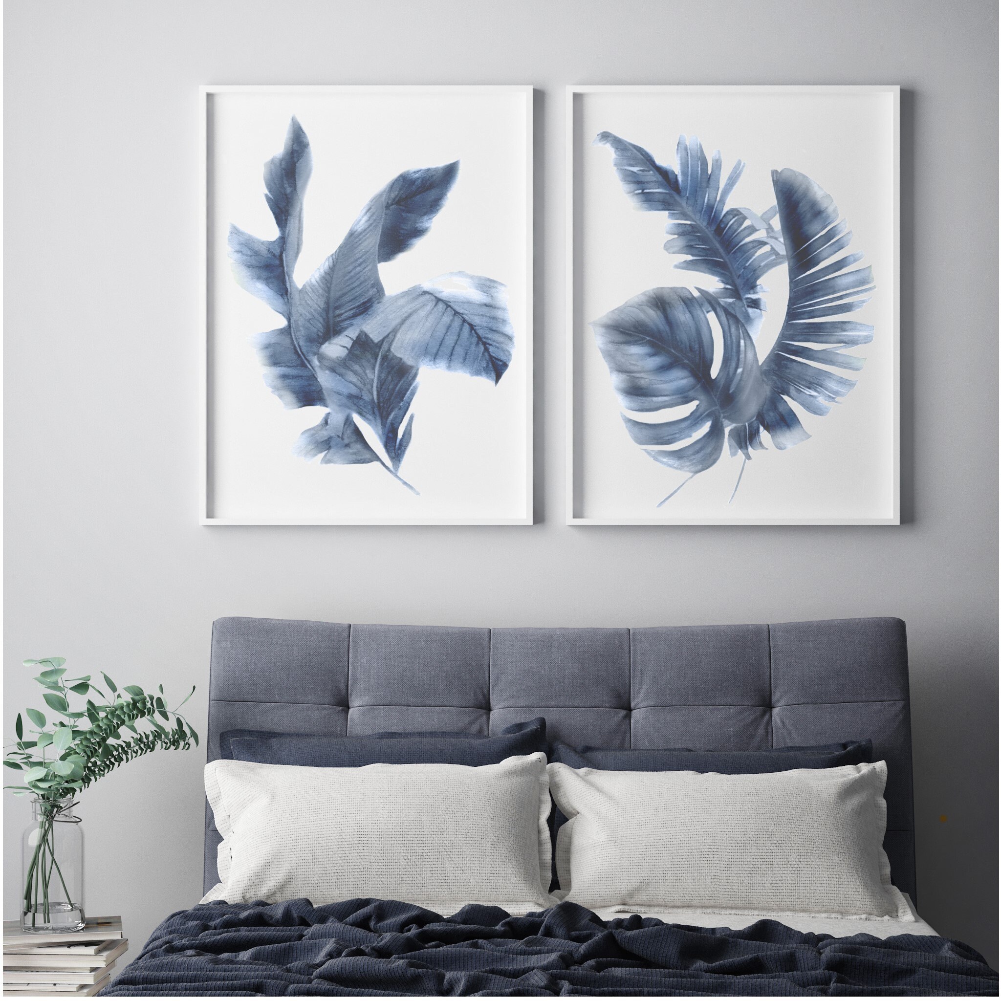 Navy Indigo Tropical Plant Set 2 Watercolor Prints Blue Wall Art Banan ...