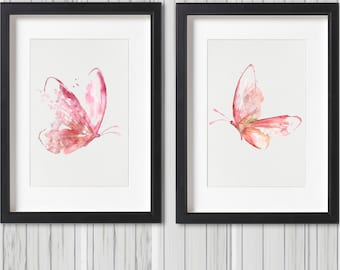 Pink Butterfly Set of 2 Watercolor Painting Butterfly Prints Nursery Decor Living Room Wall Art  Minimalist Art Large Prints Art