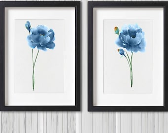 Navy Peony Watercolor Set 2 Painting Blue Flowers Prints Abstract Floral Illustration Peony Wall Art Living Room Decor Minimalist Art Gift