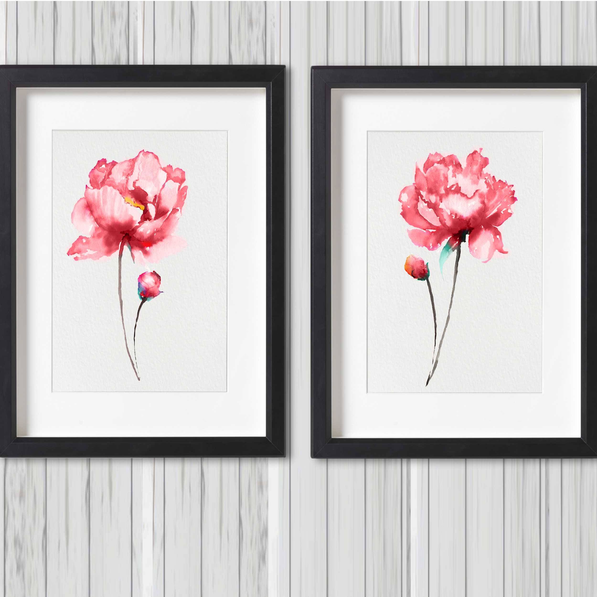Set of 2 Pink Peony Art Prints Flower Watercolor Painting Abstract ...