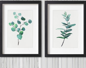 Eucalyptus Print Green Plant Watercolor Painting Botanical Leaf Set 2 Wall Art Print Silver Dollar Minimalist Art Dining Room Kitchen Decor
