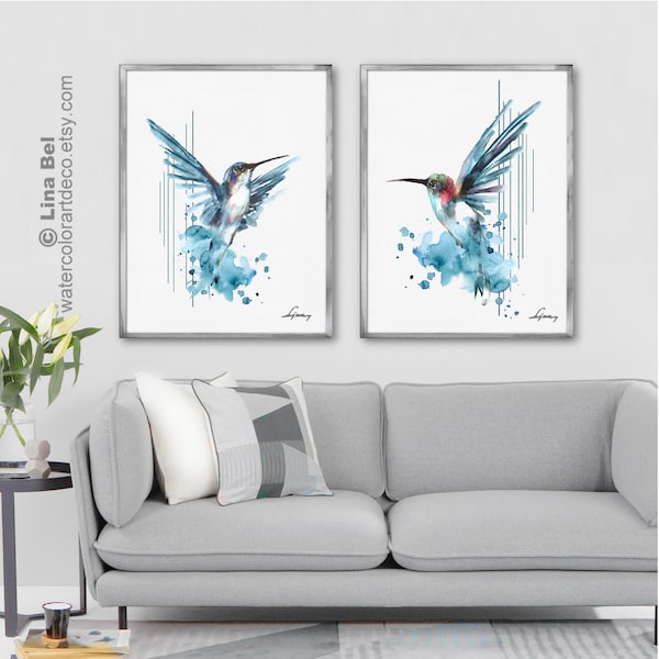 Kolibri 2er-Set Drucke blau marine Vögel Aquarell Malerei Minimalist Kunst Tier Poster Colibri Illustration Kinderzimmer Dekor Geschenkidee