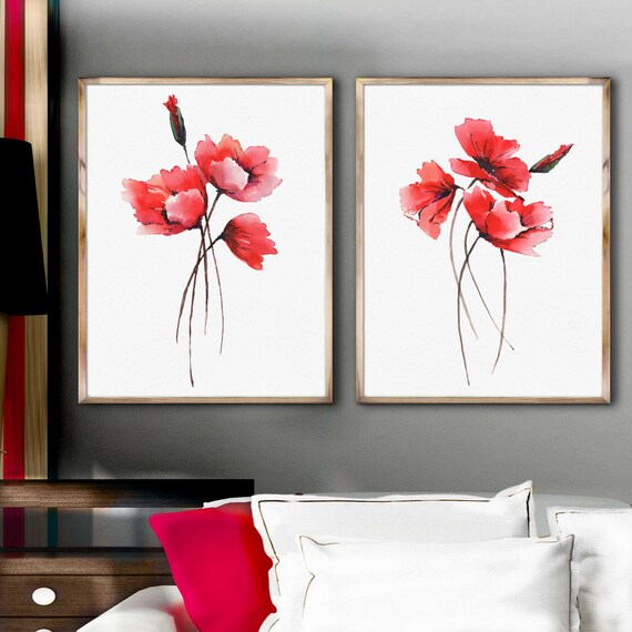 Poppy Set 2 Watercolor Painting Floral Illustration Red Home - Etsy