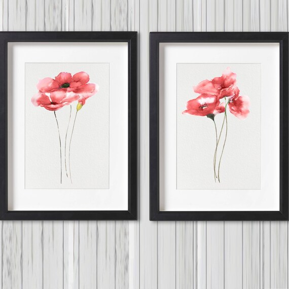 Poppy Set 2 Watercolor Painting Flowers Wall Art Prints Home | Etsy