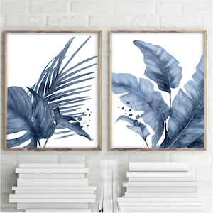 Watercolor Navy Monstera Palm Banana Leaves set 2 Prints Blue Plant Leaf Botanical Painting Minimalist Art Large Prints Living Room Decor