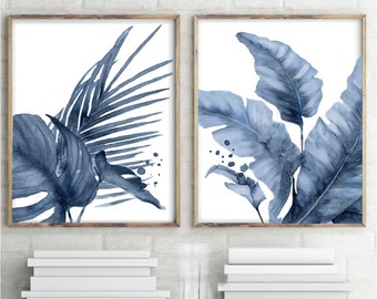 Watercolor Navy Monstera Palm Banana Leaves set 2 Prints Blue Plant Leaf Botanical Painting Minimalist Art Large Prints Living Room Decor