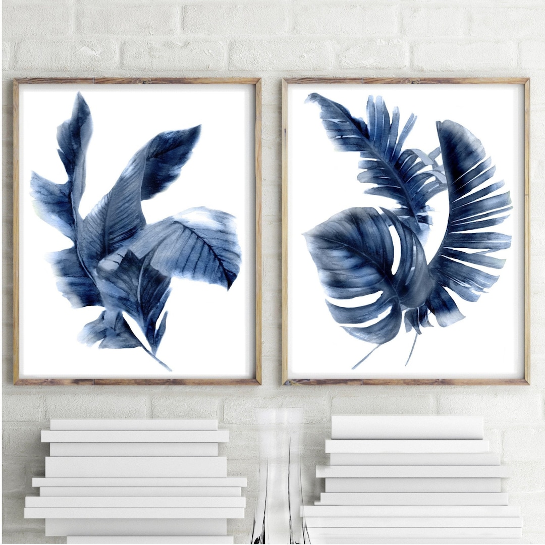 Navy Indigo Tropical Plant Set 2 Watercolor Prints Blue Wall Art Banan ...