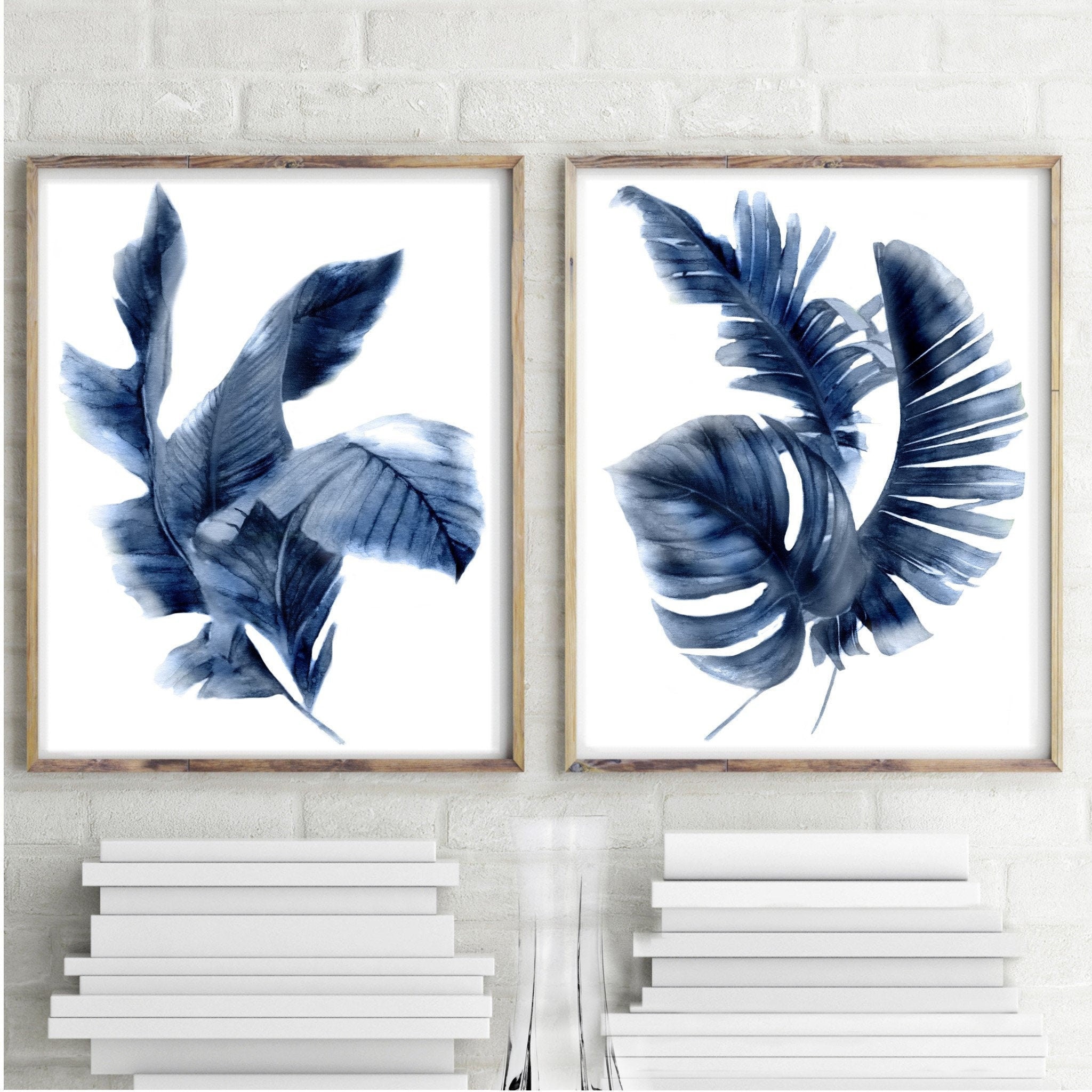 Navy Indigo Tropical Plant Set 2 Watercolor Prints Blue Wall Art Banan ...