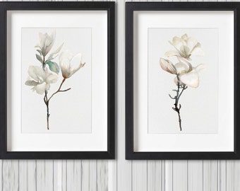 Magnolia Set 2 Prints, Flower Watercolor Painting, White Magnolia Illustration, Minimalist Art, Withe Home Decor, Living Room Wall Art Decor