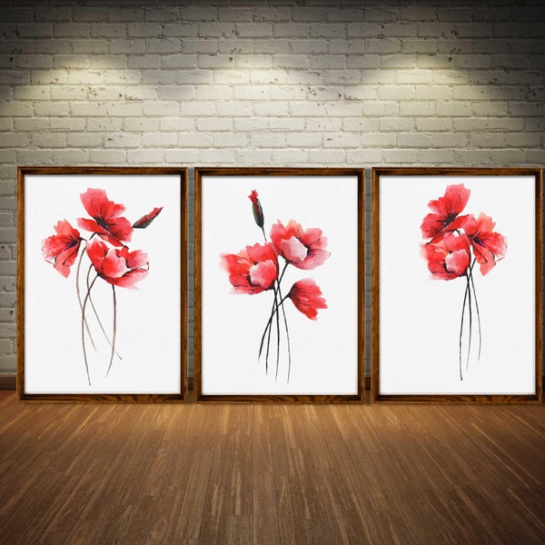 Impression d'art pavot Ensemble peinture coquelicot Illustration coquelicot rouge Résumé fleur pavot Décor mural minimaliste Art chambre