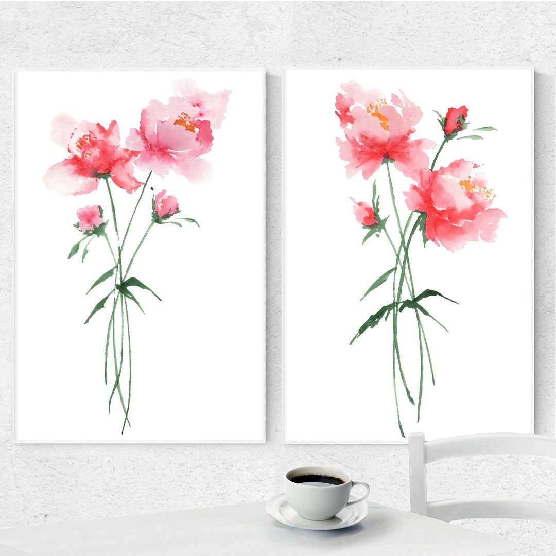 Peony Set 2 Prints Floral Watercolor Painting Minimalist Art Abstract ...