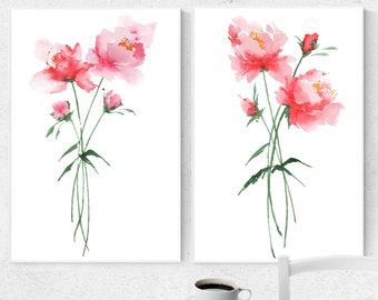Peony Set 2 Prints Floral Watercolor Painting Minimalist Art Abstract Flower Poster Botanical Print Living Room Decor Large Print