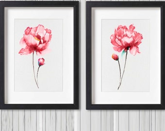 Pink Peony Set 2 Illustration Flowers Print Floral Watercolor Artwork Shabby Chic Home Decor Minimalist Drawing Living Room Wall Decor