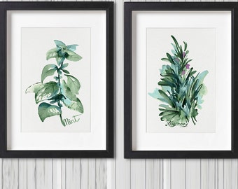 Herbs Set 2 Print, Green Leaves Mint Rosemary Wall Art Watercolor Painting, Kitchen Spices Herbs Decor, Minimalist Art, Dining Room