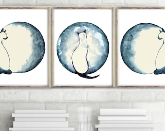 Indigo Navy Moon Phases Print, Blue Illustration, Phases Moon Watercolor Painting Set of 3, Bedroom Wall Decor, Full Moon Print