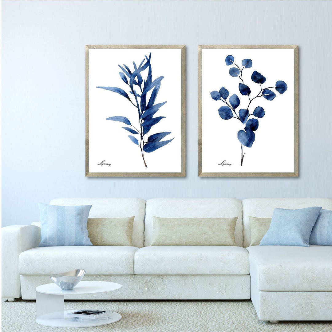 Navy Blue Watercolor Eucalyptus Set of 2 Print Indigo Plant Leaves ...