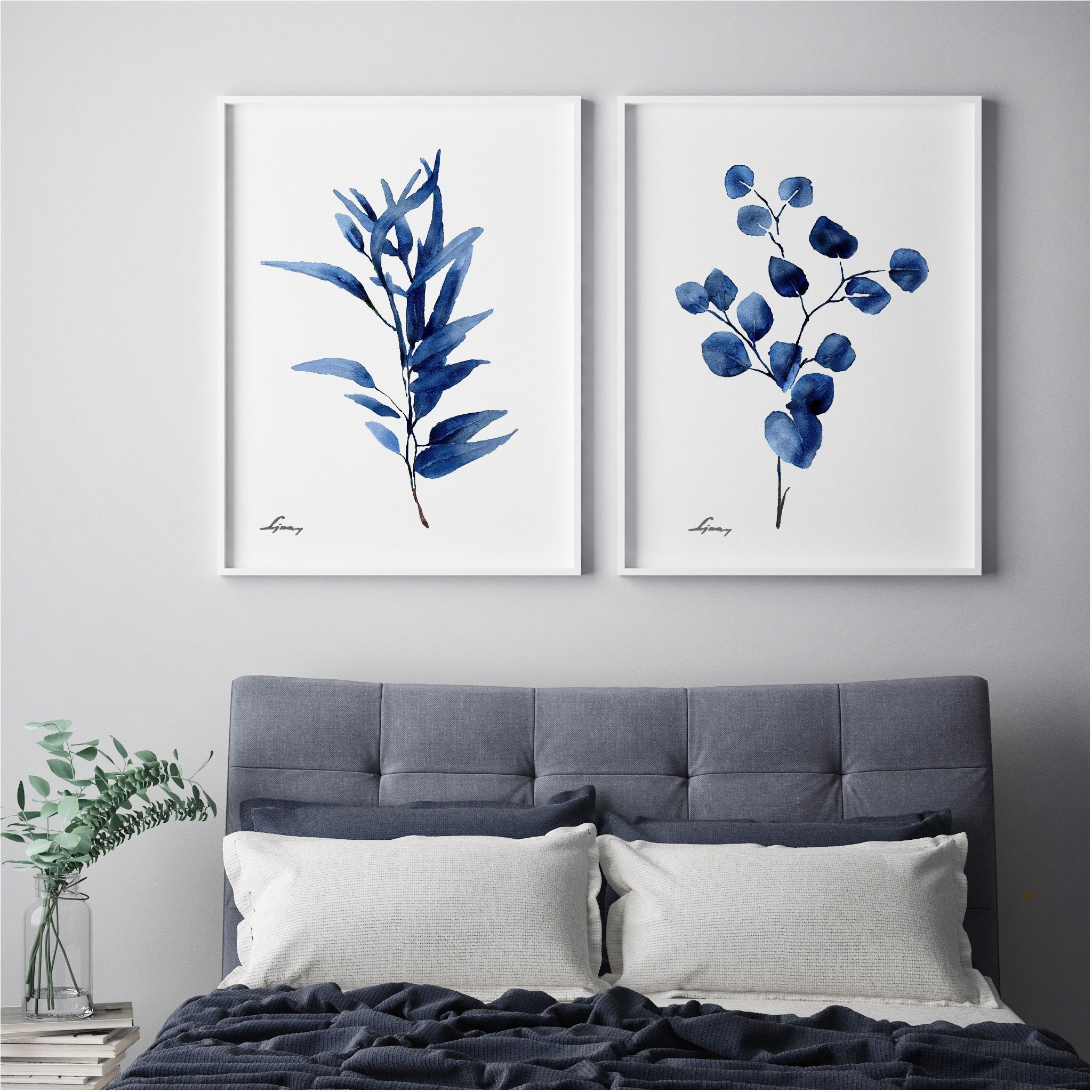 Navy Blue Watercolor Eucalyptus Set of 2 Print Indigo Plant Leaves ...