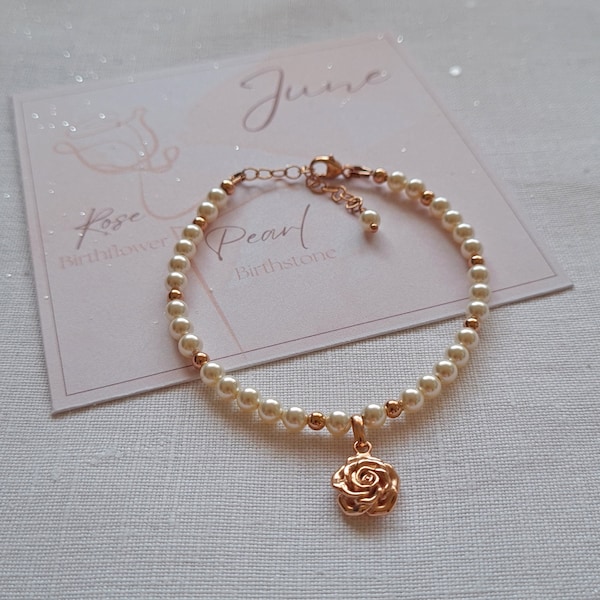 Rose and Pearl Bracelet | June Birthflower and Birthstone Bracelet | Pearl Wedding Anniversary | Bridal Jewellery | Rose Gold Rose Charm