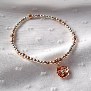 August Birth Flower Poppy Bracelet | Rose Gold Poppy Bracelet | Poppy Charm Stretch Bracelet | August Birthday Gift