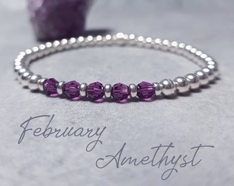 Amethyst and Silver Bracelet | February Birthstone Bracelet | Birthstone Stacking and Layering Bracelet | February Gift for Her