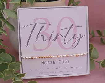 30th Birthday Morse Code Bracelet | Milestone Morse Code Bracelet | Sterling Silver and Gold Filled 30th Birthday Bracelet | Morse Code Gift