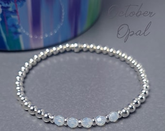 October Birthstone Bracelet | Opal Crystal and Silver Bracelet | Birthstone Stacking Bracelet | October Opal Birthstone | Swarovski Crystal