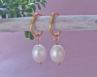 Gold Plated Sterling Silver Hoop Earrings with Freshwater Pearl Drops | Huggie Hoops with Pearl Dangles | Gold Hoop and Pearl Earrings