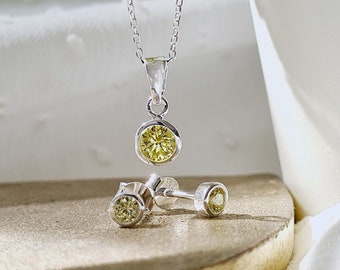 August Birthstone Peridot Necklace and Earrings Set Sterling Silver and Cubic Zirconia