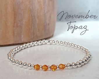 November Birthstone Bracelet – Topaz Crystal & Sterling Silver Beaded Stretch Bracelet – November Birthday Gift for Her