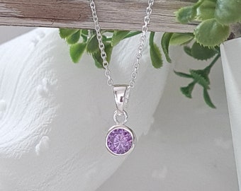 February Birthstone Necklace in Sterling Silver with Amethyst Cubic Zirconia Charm | February Birthday Necklace | Amethyst Necklace