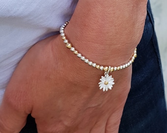 Birth Flower Bracelet – Sterling Silver & Gold Filled Beaded Stretch Bracelet | Custom Birth Month Gift