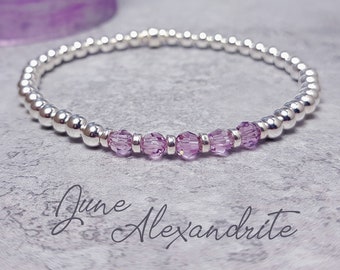 June Birthstone Bracelet | Sterling Silver & Alexandrite Crystal Stretch Stacking Bracelet | June Birthday Gift for Women