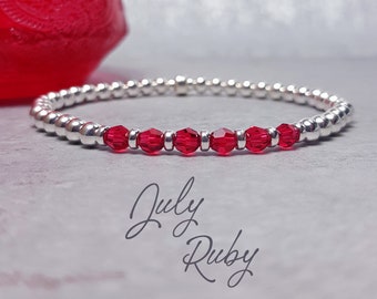 Juli Geburtsstein Armband | Rubin Juli Geburtsstein |  Sterling Silber & Swarovski Kristall Juli Stacking Armband | Geschenk für Frauen