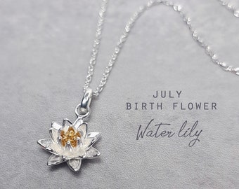 Sterling Silver Water Lily Necklace | July Birth Flower Pendant | Birthday Jewellery Gift