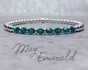 May Birthstone Bracelet | Emerald and Silver Bracelet | Emerald Birthday Gift | Sterling Silver & Crystal Stacking Bracelet | May Birthday