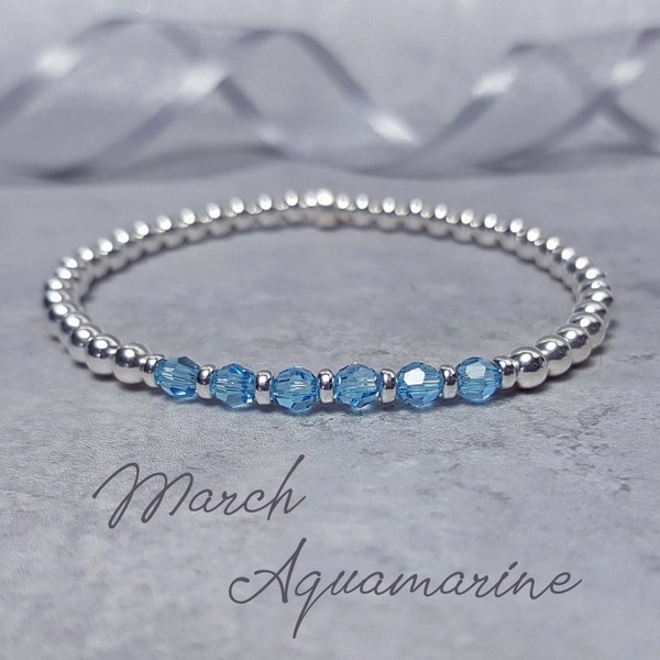 March Birthstone Bracelet | Aquamarine and Silver Bracelet | Birthstone Stacking Bracelet | March Birthday Gift for Her | Stretch Bracelet